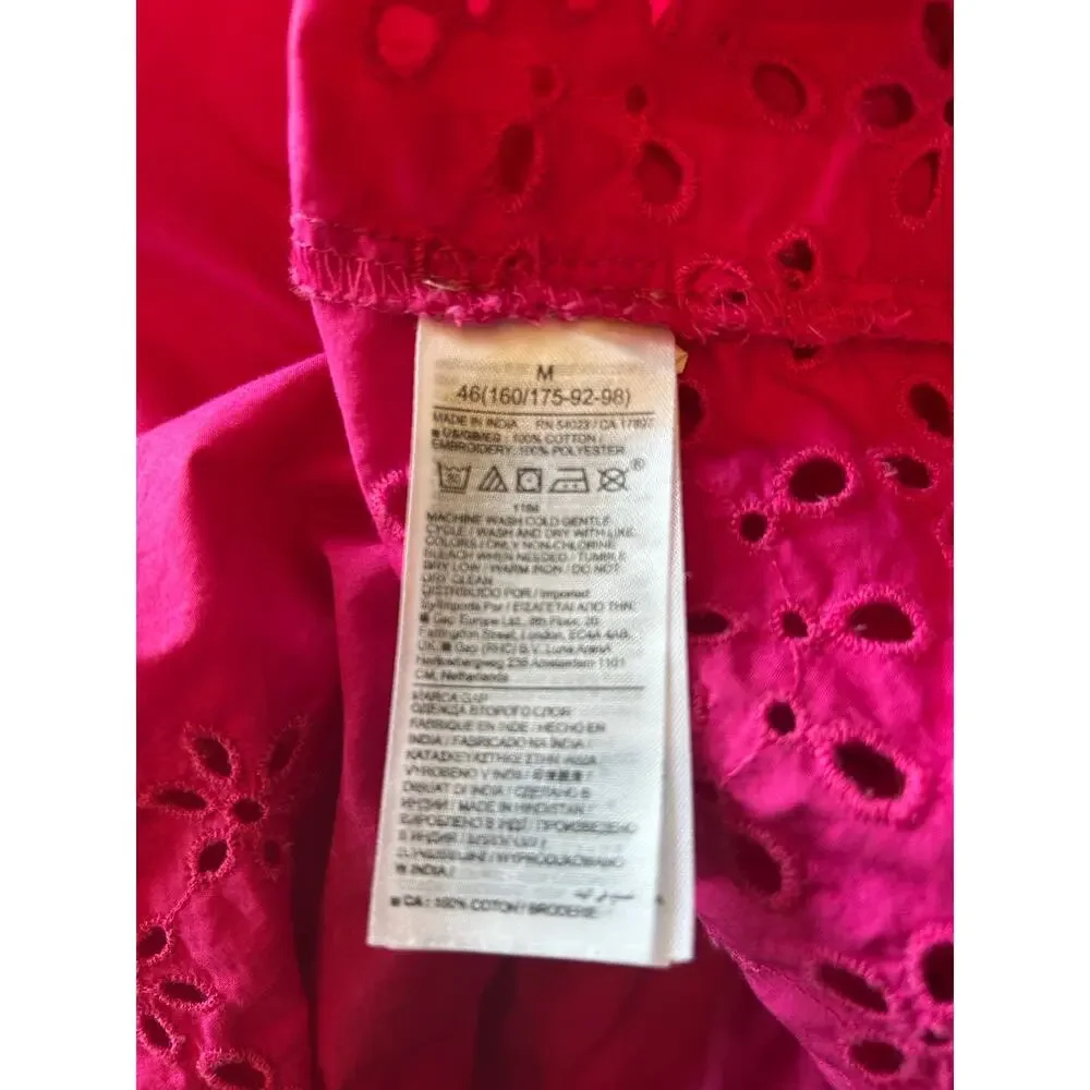 GAP Women’s M Hot Pink Eyelet Hem Tunic Dress 3/4 Sleeve Button Front Cotton - Picture 7 of 7